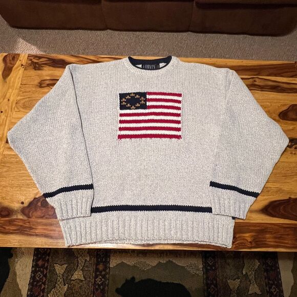 Vintage 90s Liberty USA Gray Knit Sweater American Flag Crewneck Cotton XL - Picture 1 of 8